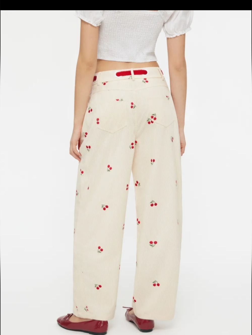 Cider Corduroy Mid Rise Cherry Embroidery Barrel Leg Trousers - Picture 3 of 11